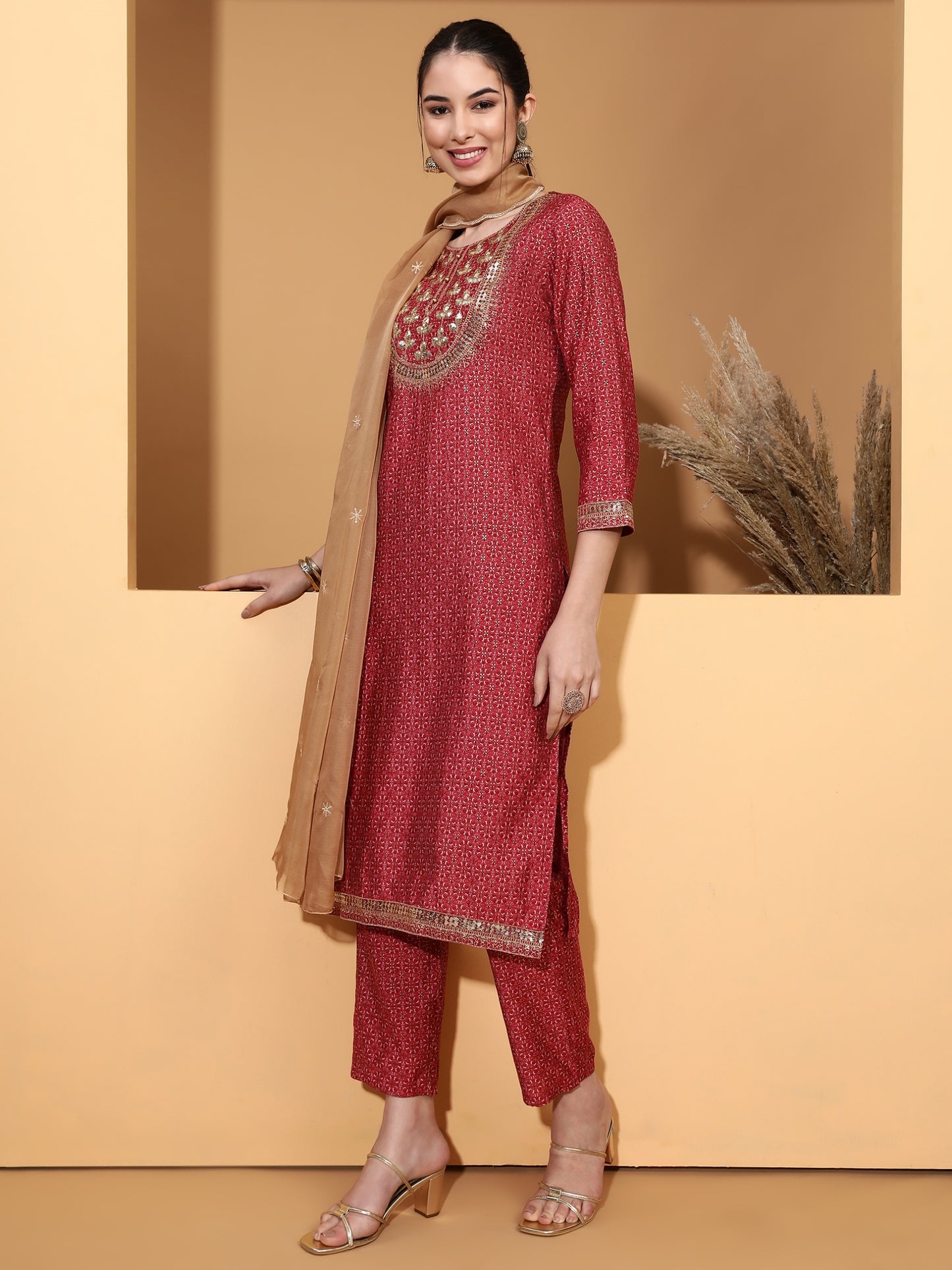 Be Indi Fuschia Sequence Embroidered Kurta With Pant & With Dupatta