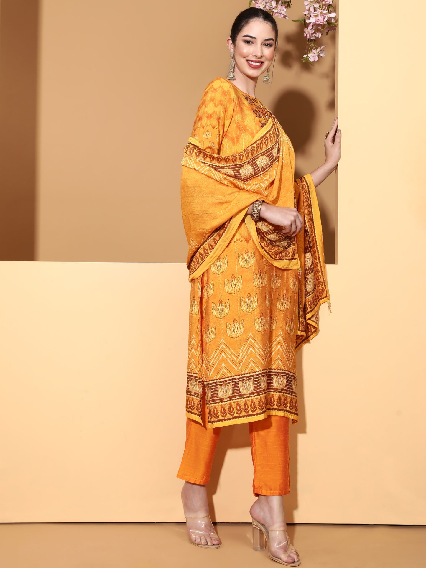 Be Indi Women Mustard Embroidered Yoke Desing Kurta With Pant & With Dupatta
