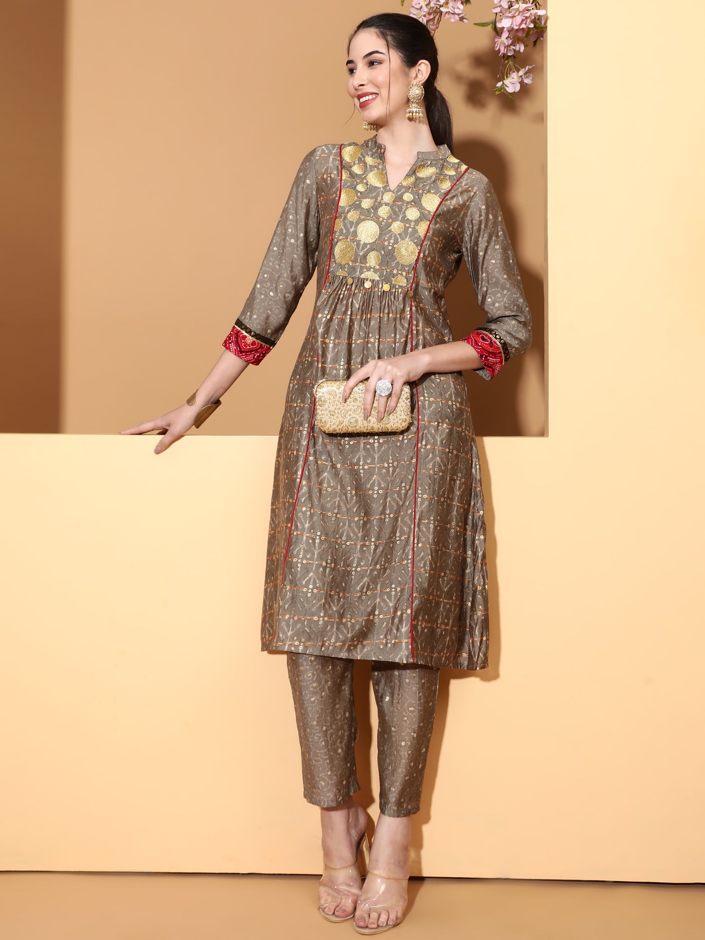 Be Indi Women Grey Embroidered A-Line Kurta With Trouser