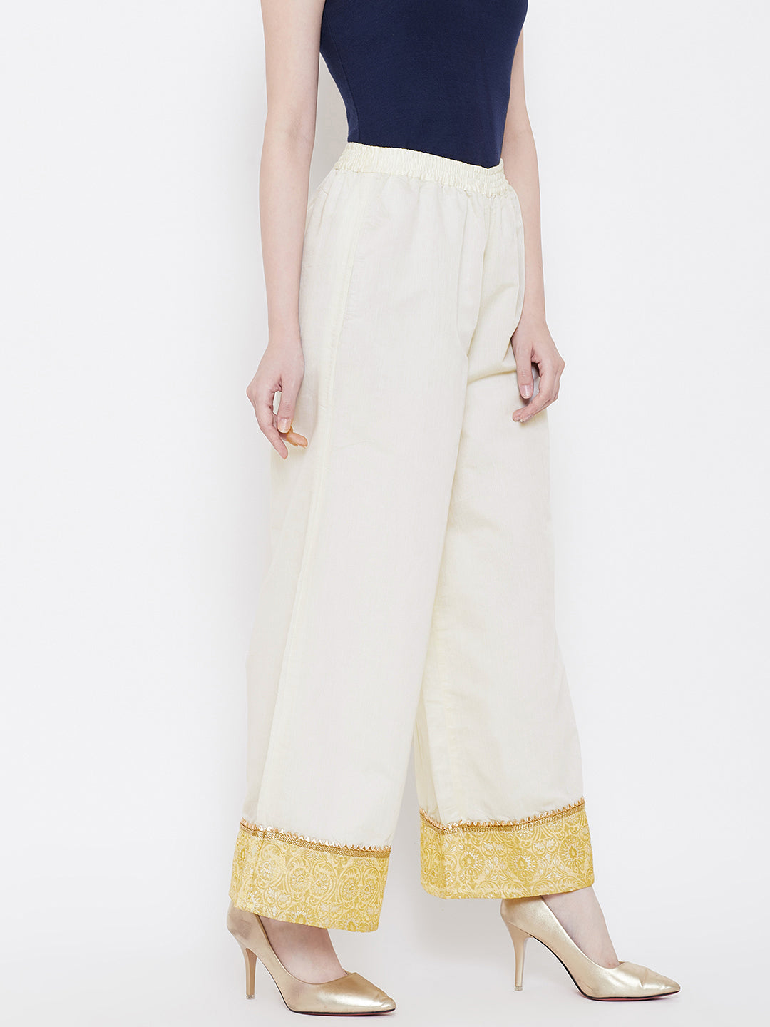 Be Indi Women Cream-Coloured Solid Wide Leg Palazzos