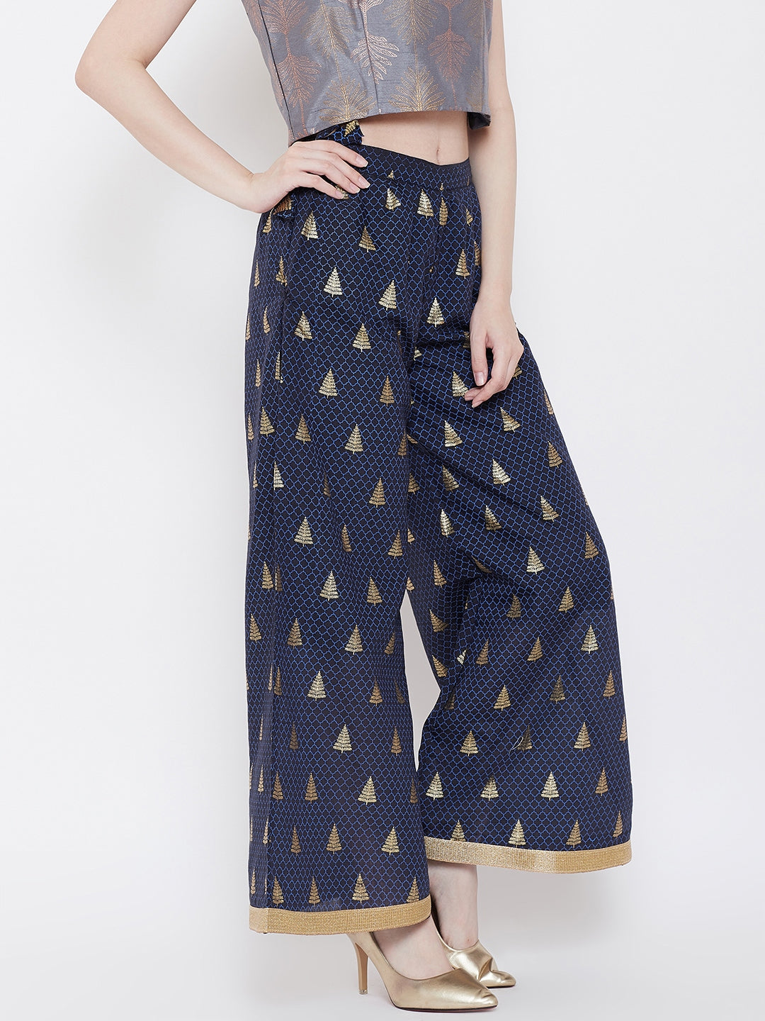 Be Indi Women Navy Blue Printed Wide Leg Palazzos