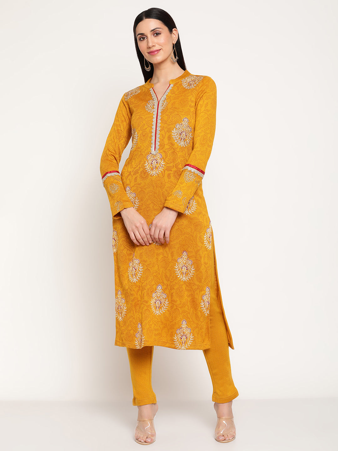 Be Indi Women Winter Daffodil  Mustard Aari Work and Foil Printed Straight Kurta With Trouser.