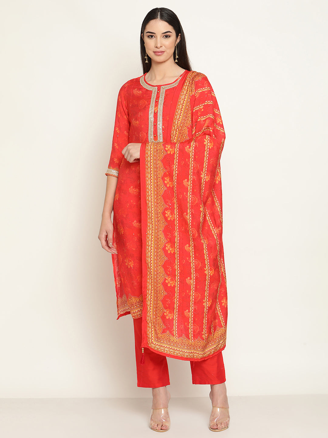 Be Indi Women Red Fancy Lace Kurta With Pant & With Dupatta