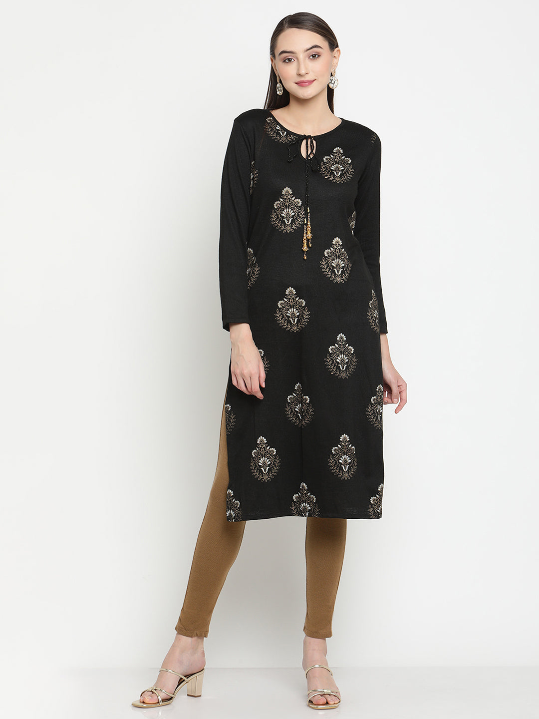 BeIndi Knitted Women Winter Black Ethnic Print Kurta