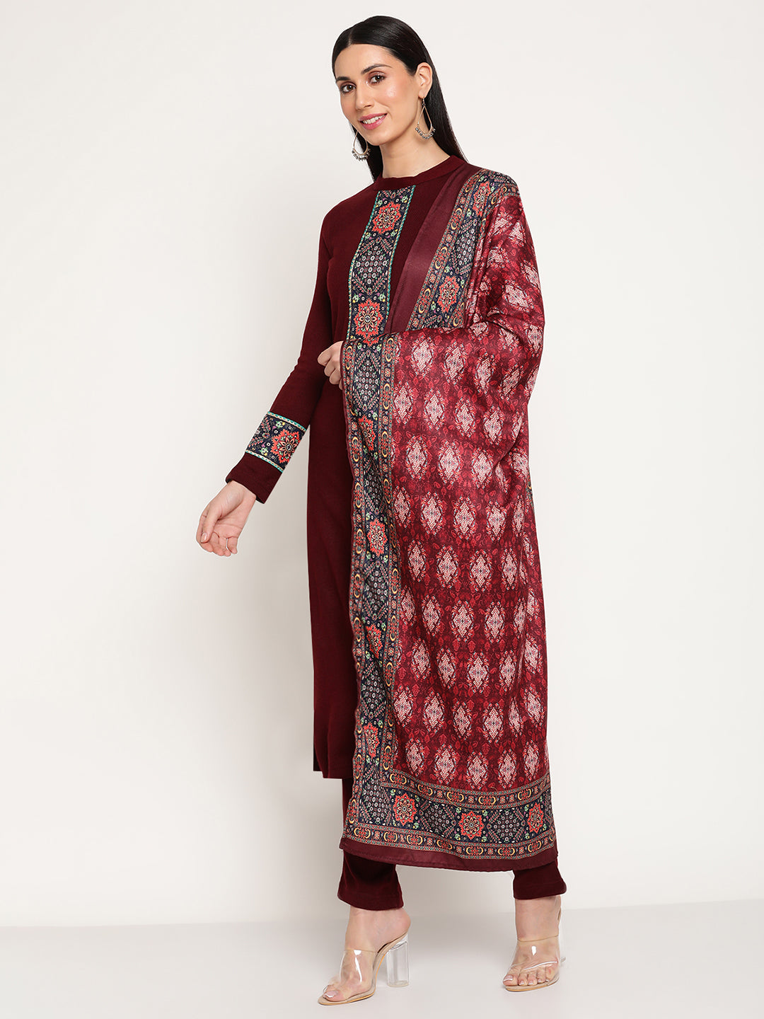 Be Indi Women Winter Daffodil Maroon Yoke Design Straight Kurta With Trouser & Printed Dupatta.
