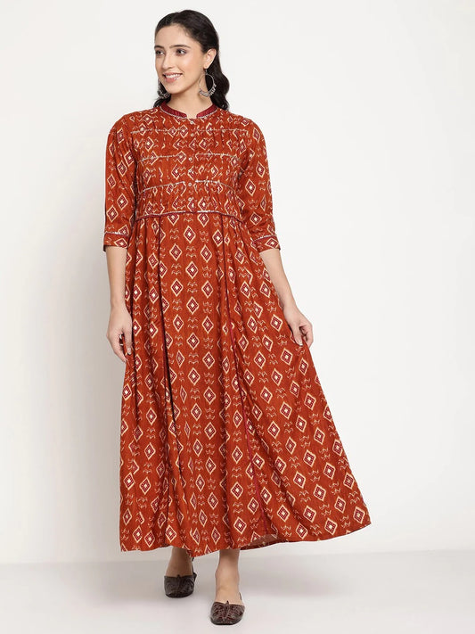 Be Indi Women Rust Maroon ikat Printed Pintuck Yoke Design With Sequence Work Detailing Maxi Dress
