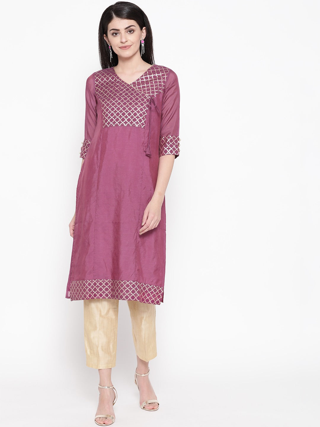 Be Indi Women Purple Woven Design Kurta with Palazzo