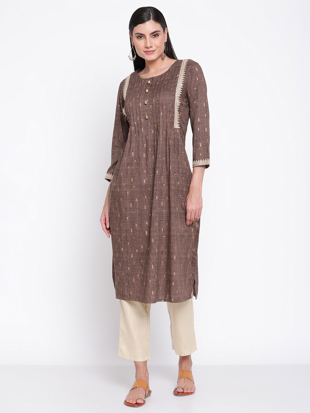 Be Indi Women Foil Printed Brown Pintuck Kurta With Fancy Buttons And Lace Detailing