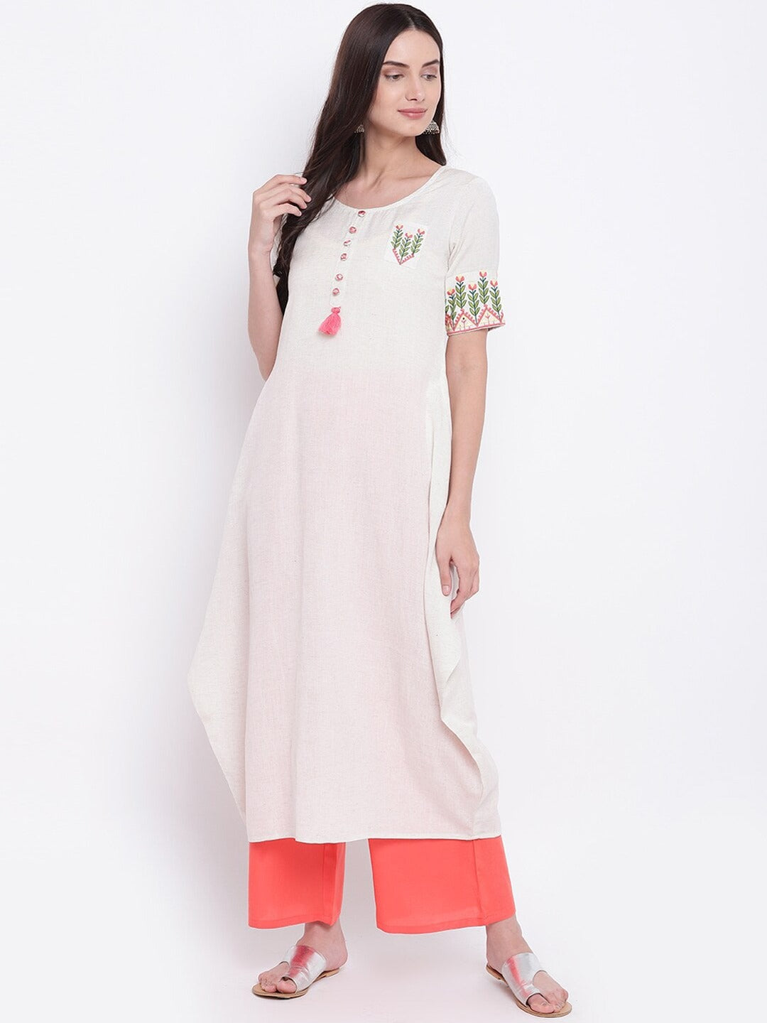 Be Indi Women Cream-coloured Floral Embroidered Kurta