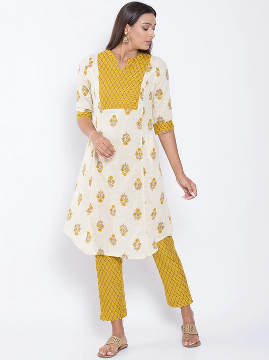 Be Indi Women Mustard Yellow & White Yoke Design Kurta with Trousers