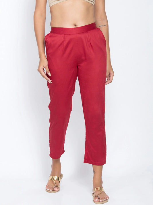 Be Indi Women Maroon Straight Fit Low-Rise Cotton Trousers