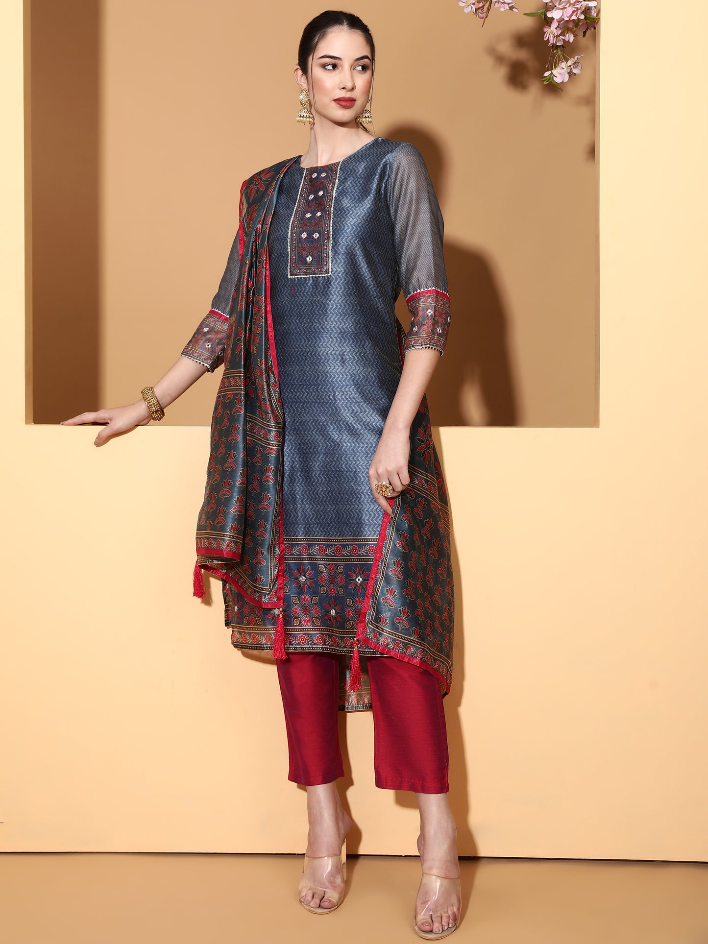 Be Indi Women Chanderi Silk Kurta With Trouser & With Dupatta