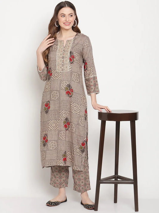 Be Indi Women Beige Printed Embroidery With Lace Work Design Kurta With Pant