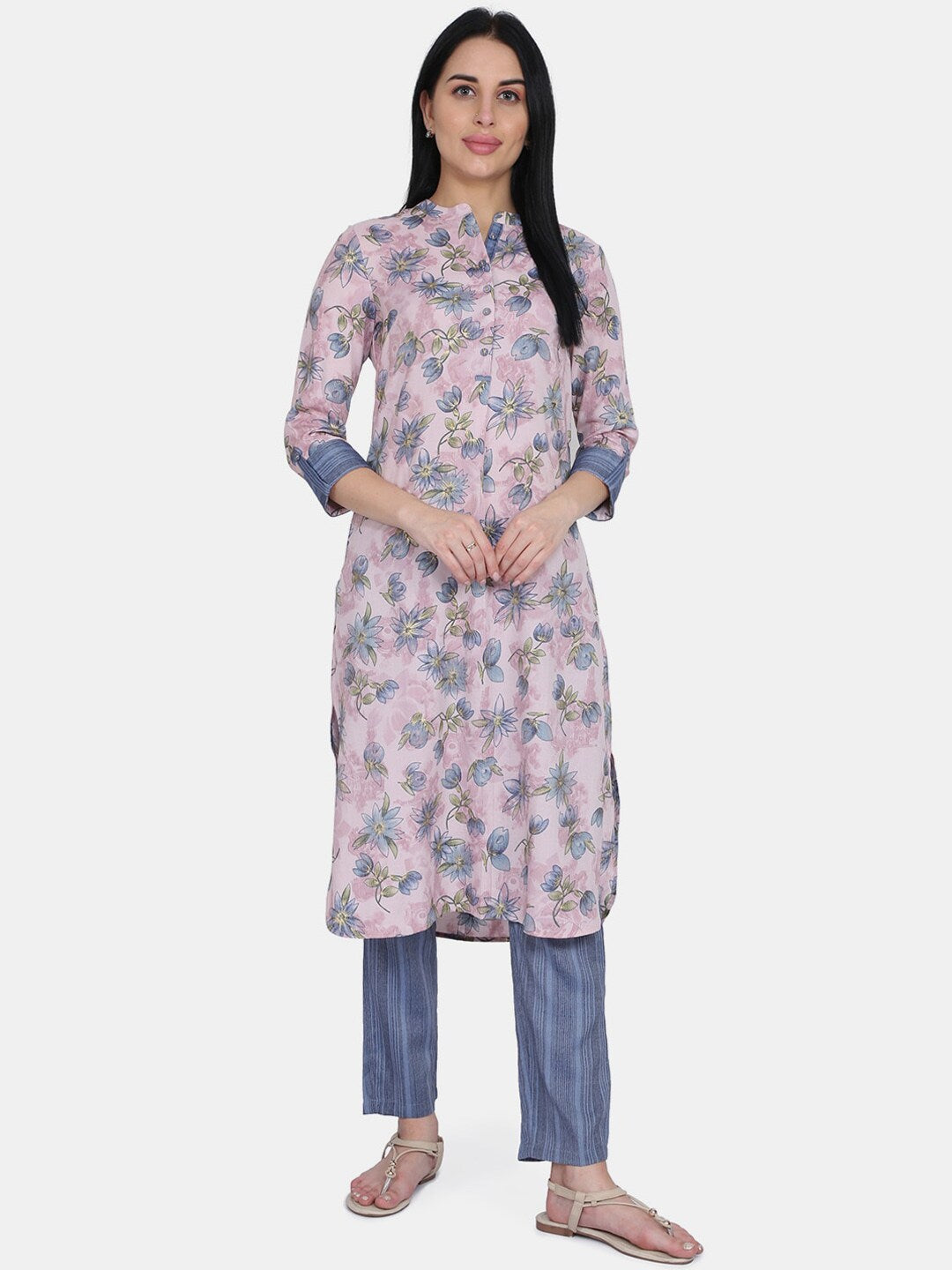 BeIndi Women Purple Foil Printed Kurta With Straight Pant And Pocket