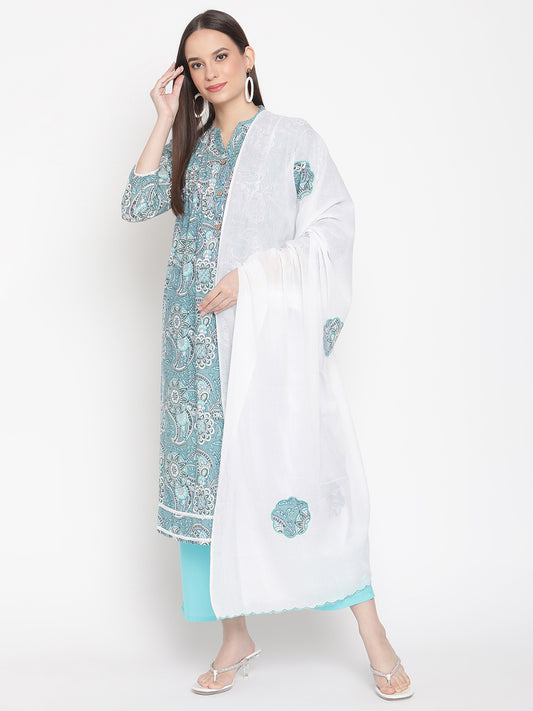 BeIndi Women Turquoise Embroidered Layered Pure Cotton Kurti With Trousers