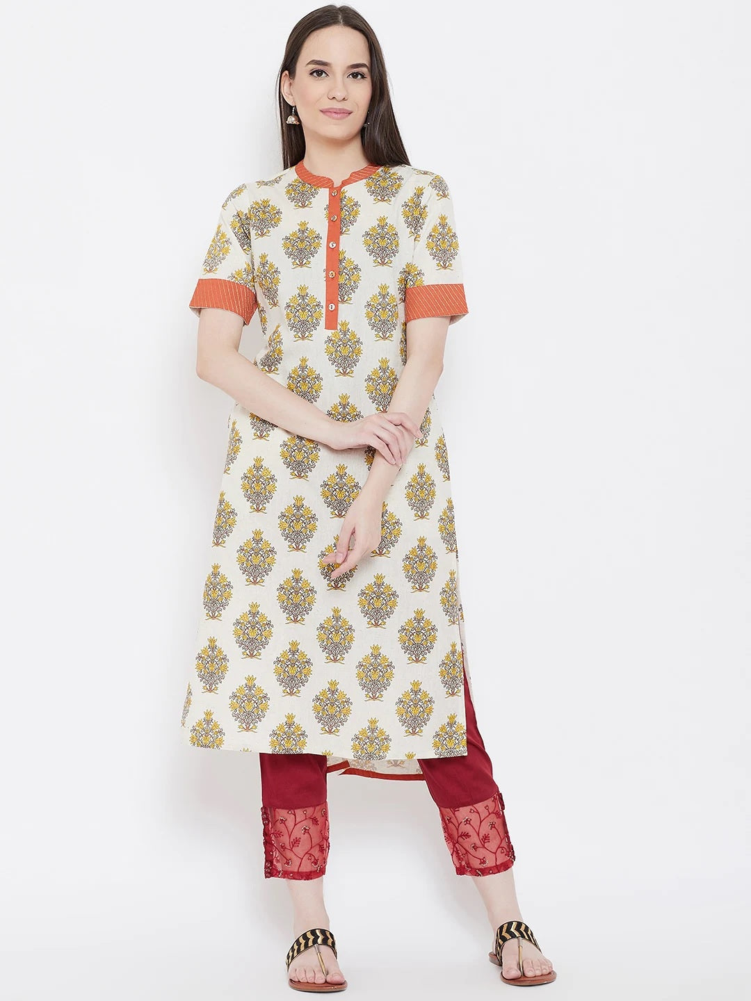 Be Indi Women Off White Geometric Kurta