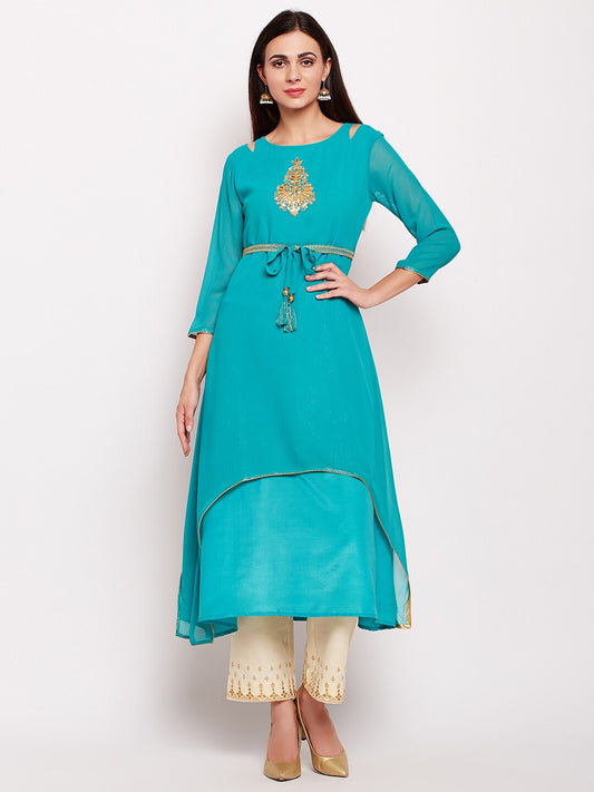 Be Indi Women Turquoise Blue Embroidered A-Line Kurta