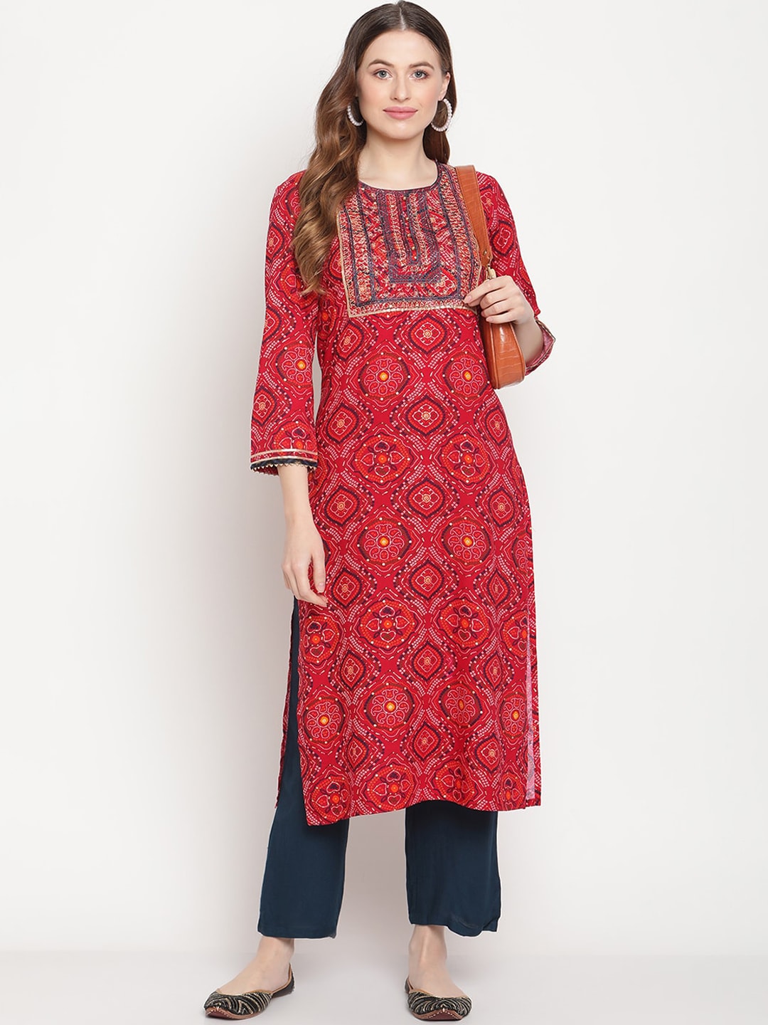 Be Indi Women Red Yoke Design Kurta with Trousers