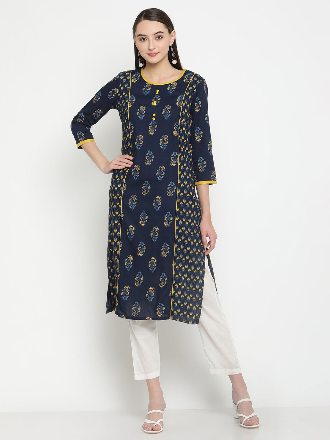 BeIndi Women Navy Blue Floral Print Kurta.