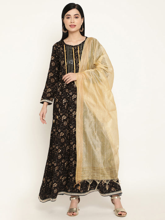 BeIndi Women's Black Printed Dress With Golden Lace Trims. Side Gathers With Golden Bead Tassels.