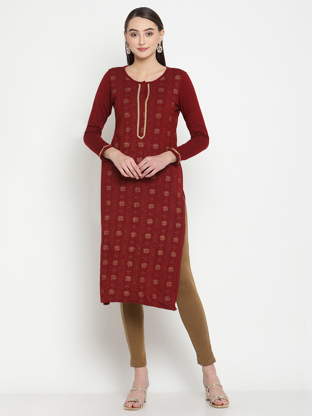 BeIndi Knitted Women Winter Maroon Ethnic Print Kurta