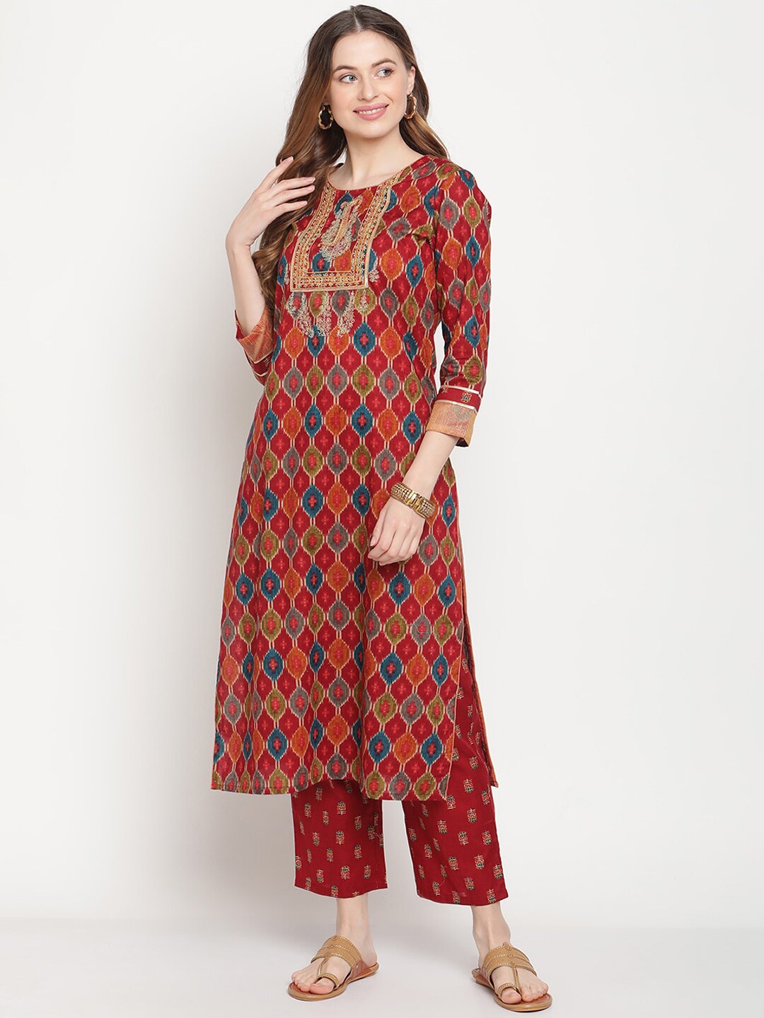 BeIndi Women Maroon Ikat Print Embroidered Yoke Design Kurta With Pant