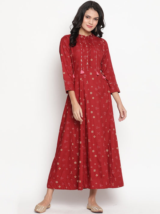 Maroon Foil Printed Sequenced Hand Work Maxi Dress