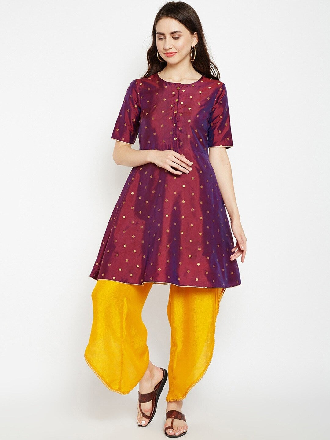 Be Indi Women Maroon Woven Design A-Line Kurta