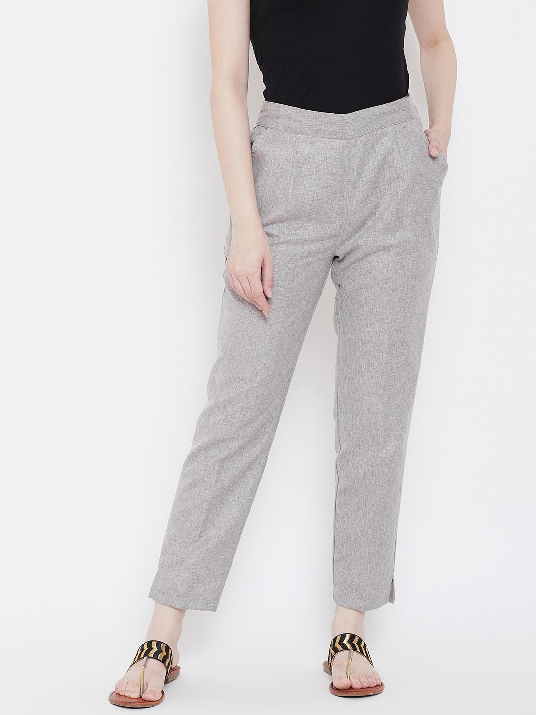 Be Indi Women Grey Straight Fit Pleated Trousers