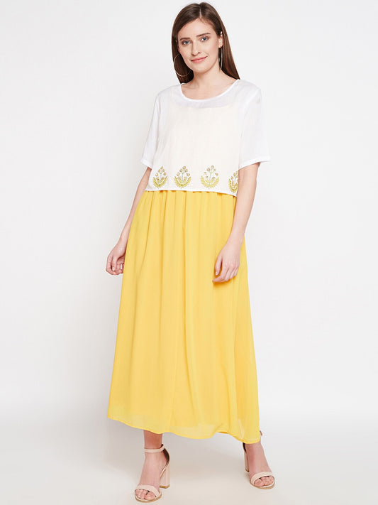 Be Indi Women Yellow & White A-Line Dress