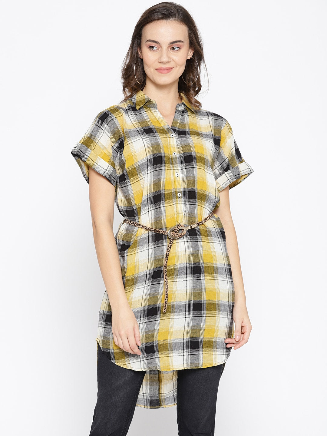BeIndi Women Pink & Black Checked Longline Shirt Style Top