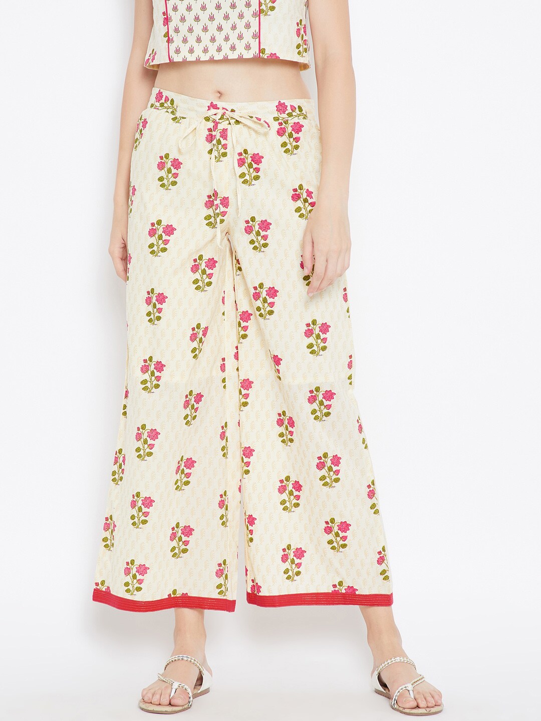 Be Indi Women Cream-Coloured Straight Printed Palazzos