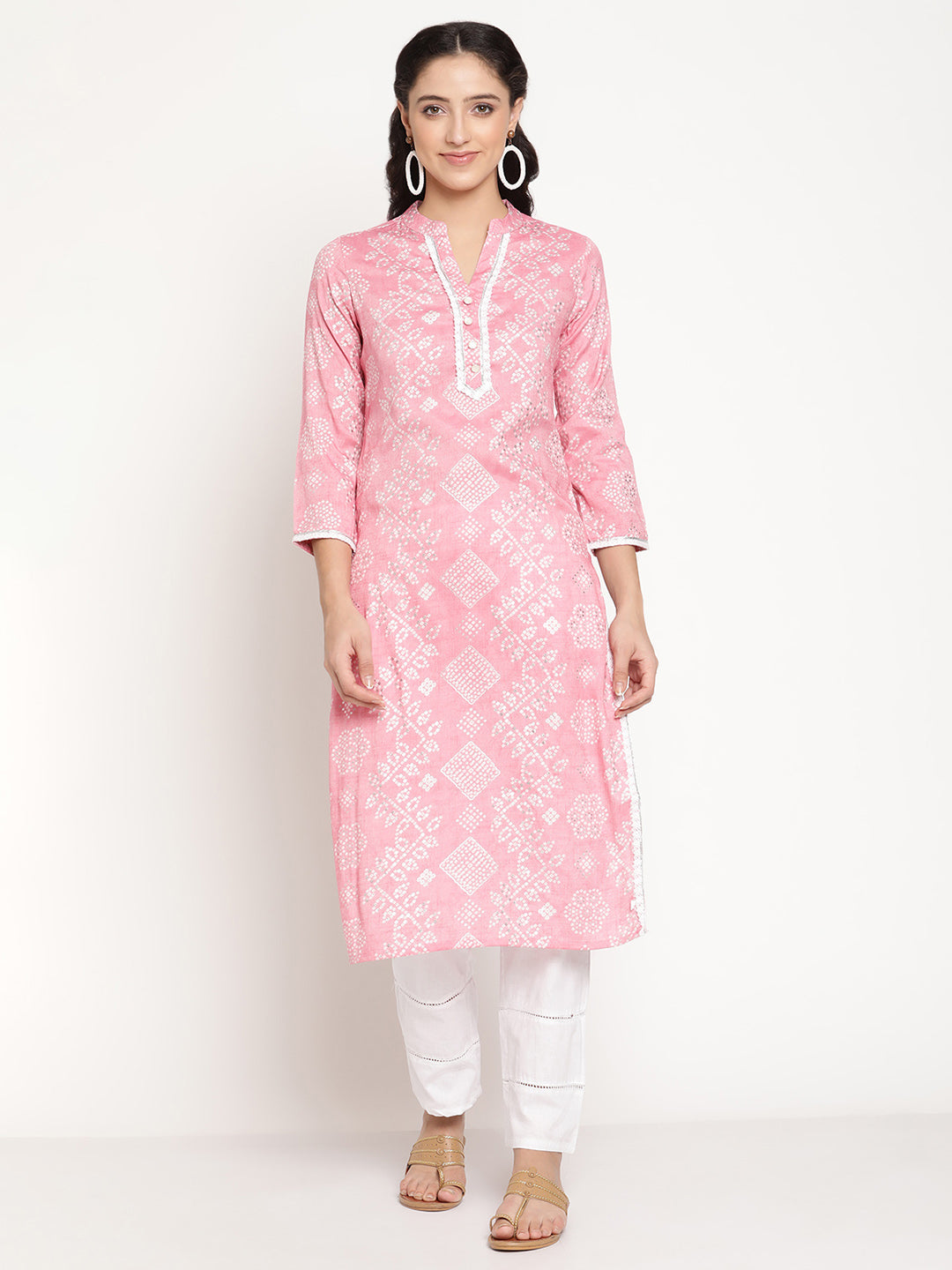 Be Indi Women Pink Silver Printed Crochet Lace And Fancy Button And GottaPatti Detailing Kurta