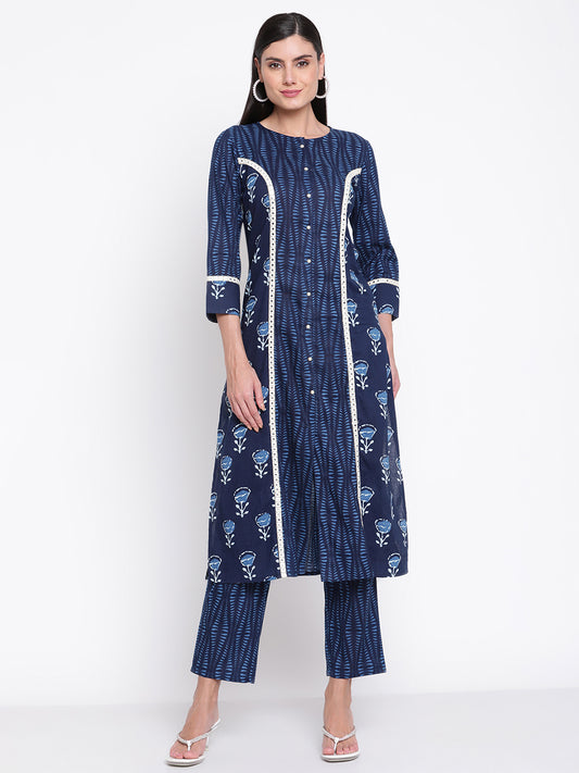 Be Indi Women Blue Printed Layered Pure Cotton Kurti with Trousers