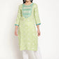 Be Indi Women Green Foil Printed Contrast Color Mirror Embroidered &Trim &Fancy Lace Detailing Kurta