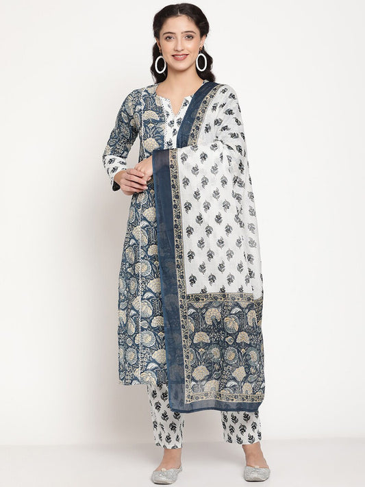 Be Indi Women Blue White Floral Printed Pincess Line. Cotton Lace Detailing Kurta,Pant With Dupatta