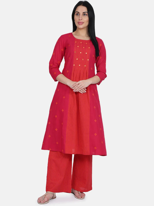 Be Indi Women Red Printed Kurta with Palazzos