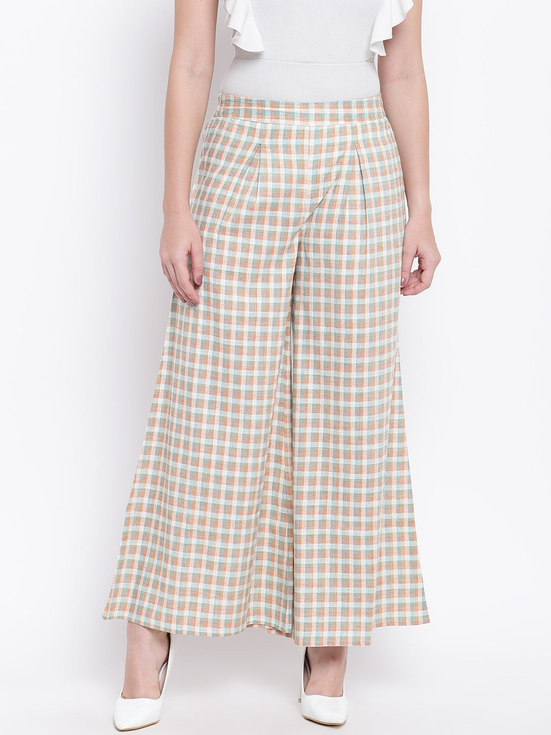 Be Indi Women Off-White & Peach-Coloured Checked Wide Leg Palazzos