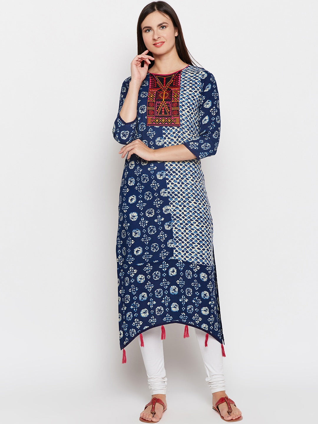 Be Indi Women Navy Blue & White Printed Asymmetric Kurta