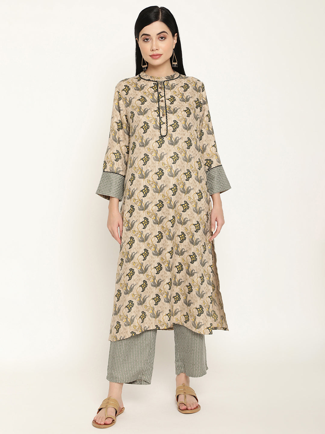 BeIndi Women's Beige & Green Printed Pashmina Mandarin Collar Kurta,Cuff & Lace Detailing And Pant