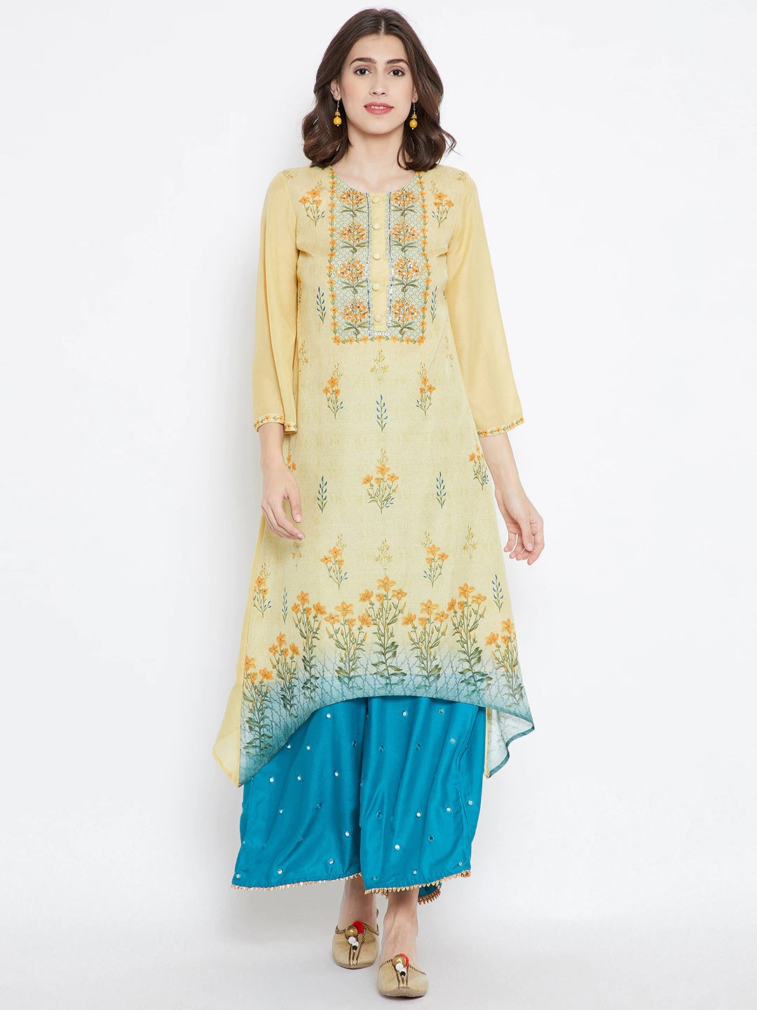 Be Indi Women Yellow Floral Print A-Line Kurta