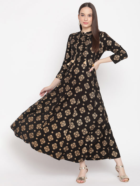 Be Indi Black & Beige Ethnic Motifs Ethnic Maxi Dress