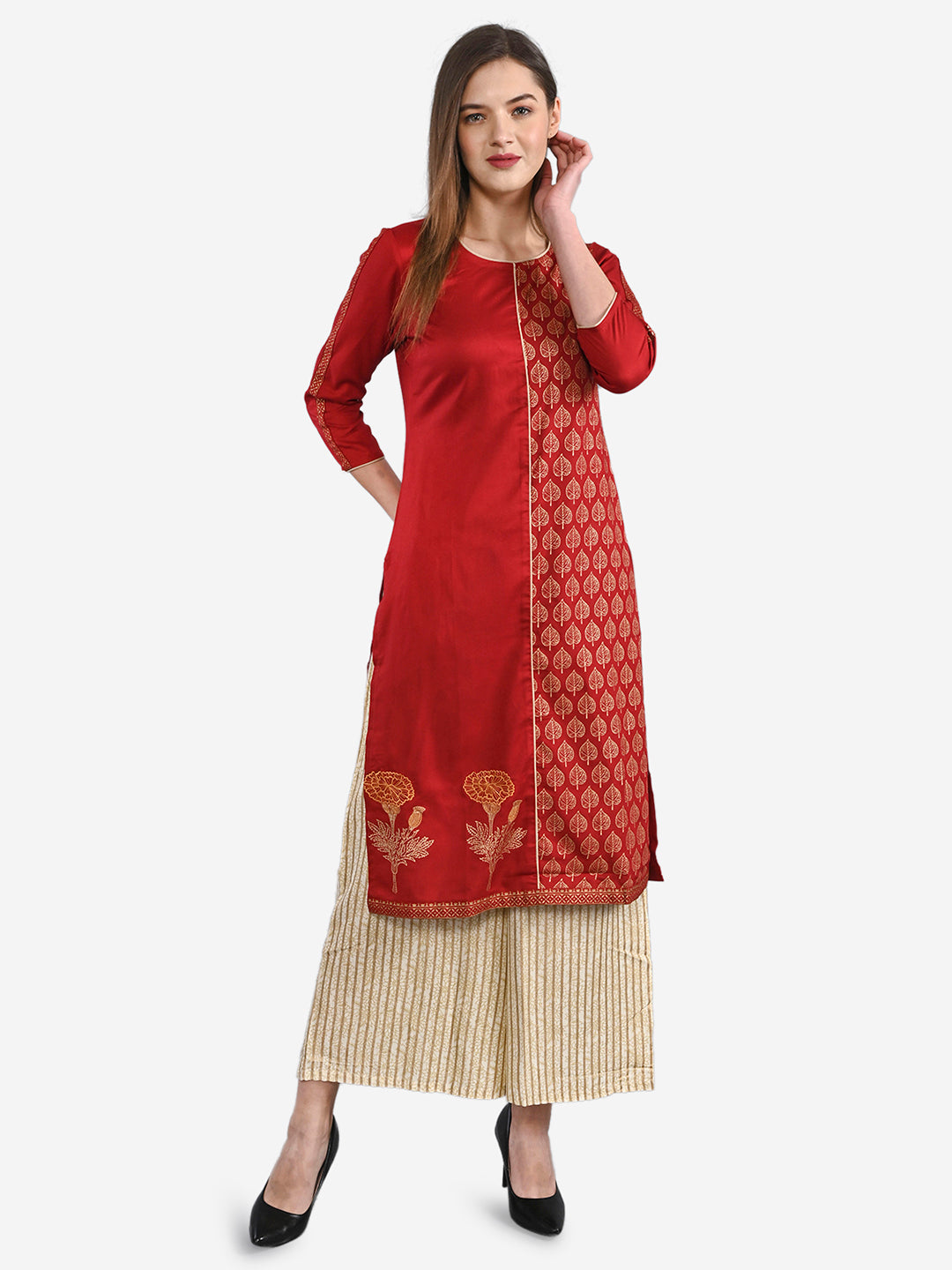 Be Indi Women Red Ethnic Motifs Embroidered Regular Thread Work Kurta with Palazzos
