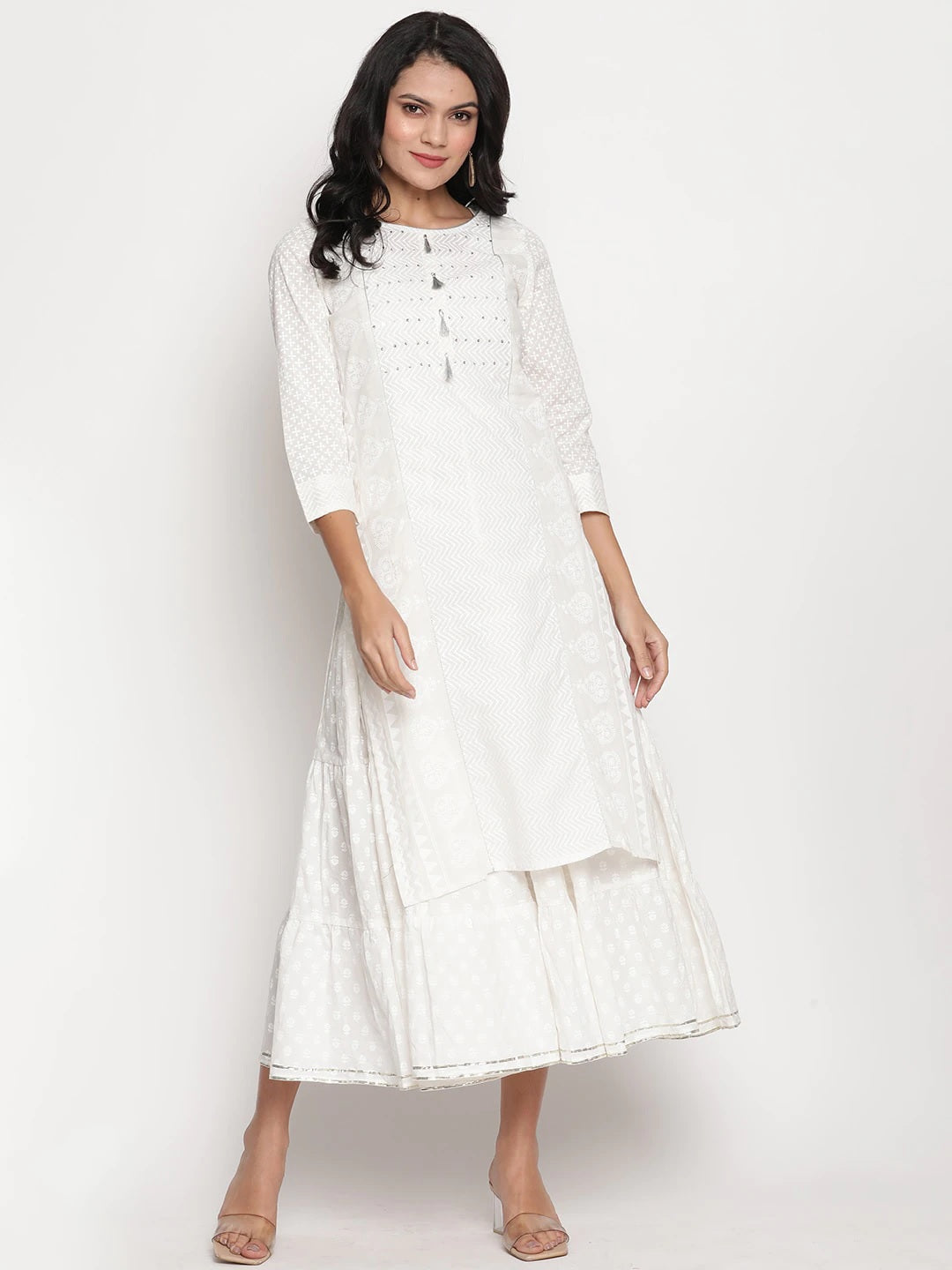 Be Indi White Ethnic Motifs A-Line Midi Dress