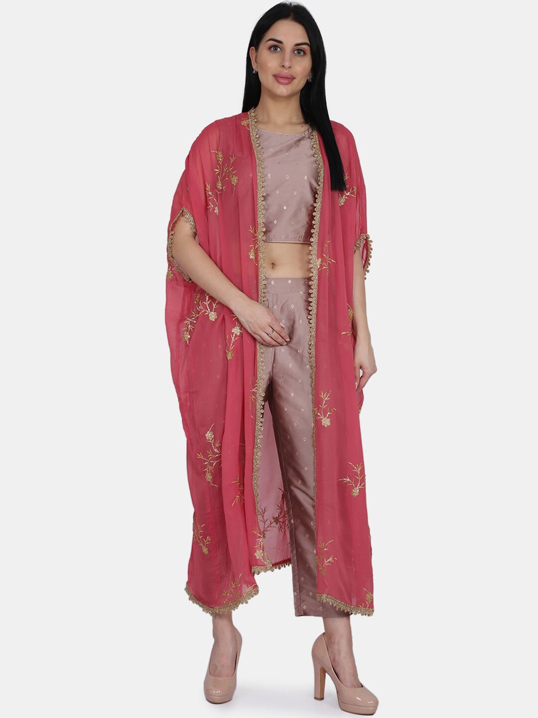 Be Indi Women Peach-Coloured Striped Kurti with Trousers & Dupatta