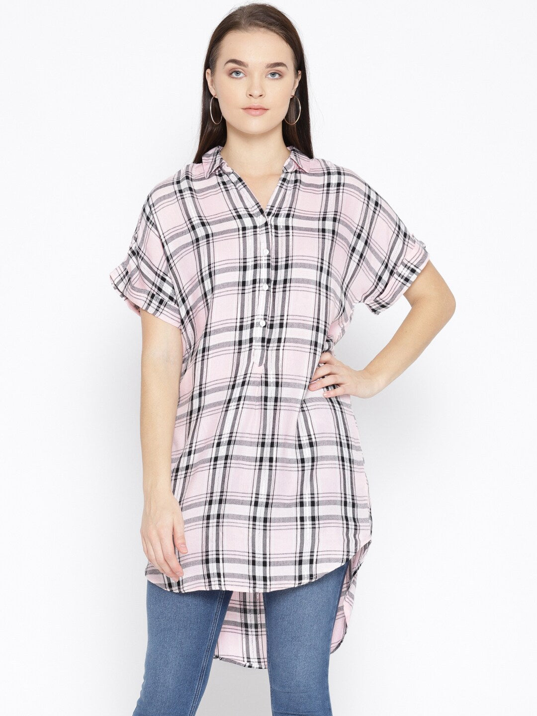 BeIndi Women Mustard & Black Checked Longline Shirt Style Top