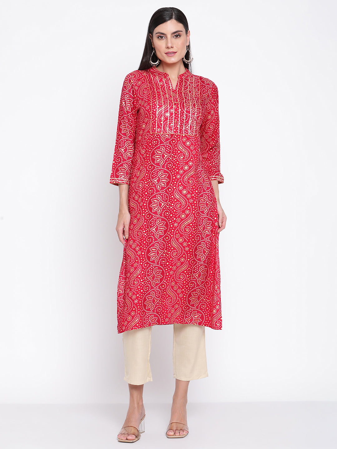 Be Indi Women Fuchsia Bandhini Printed Mandarin Collar, Yoke Kurta