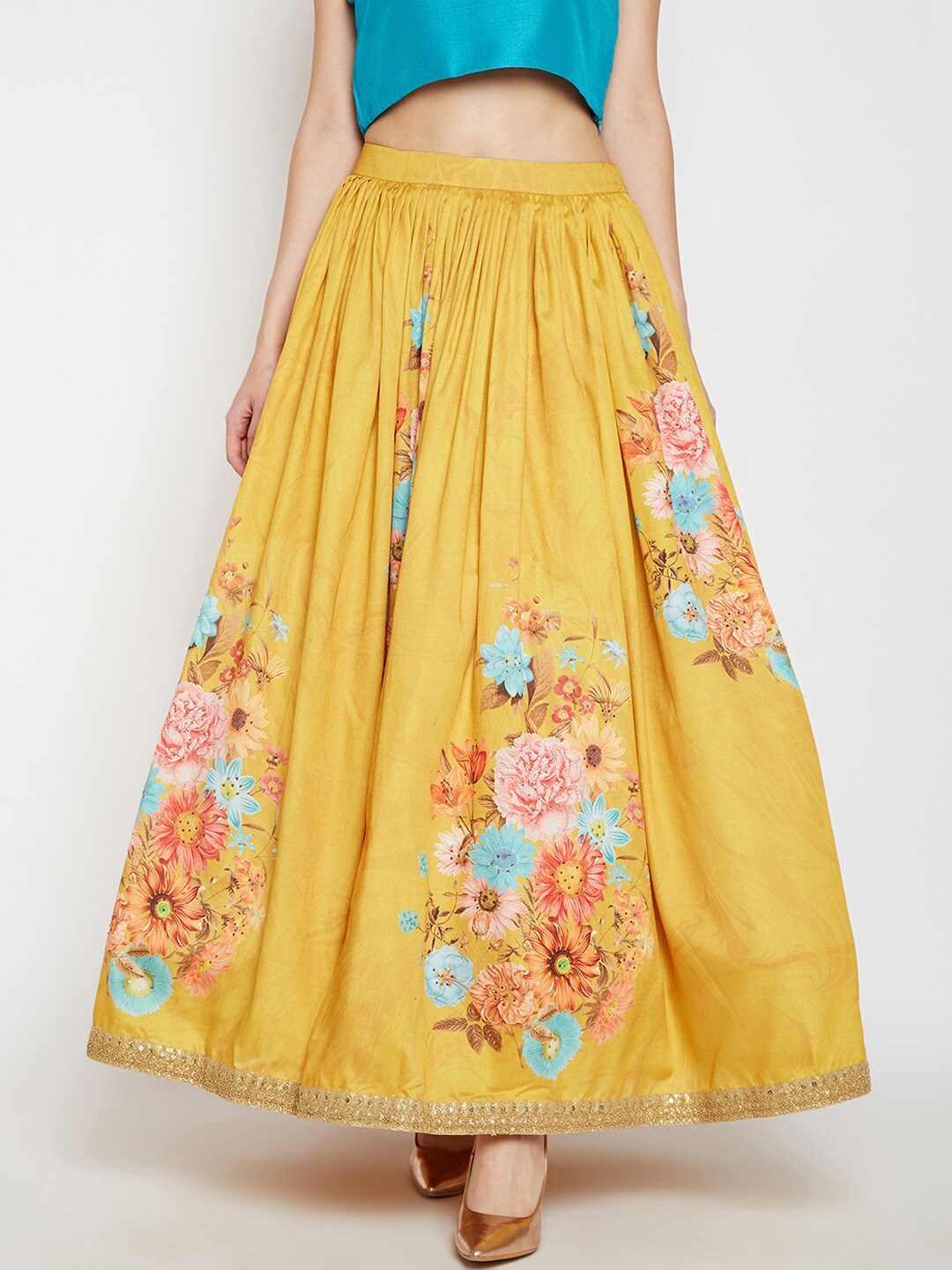 Be Indi Women Yellow & Peach-Coloured Printed Flared Skirt