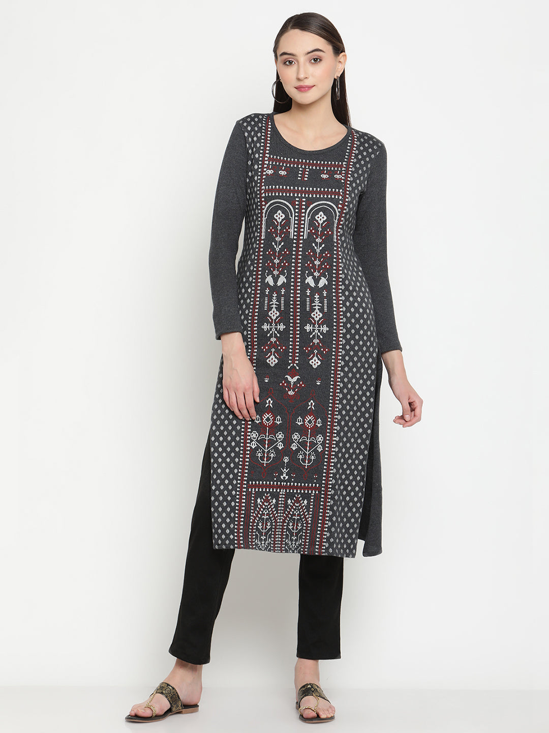 BeIndi Knitted Women Winter Grey Ethnic Printed Kurta