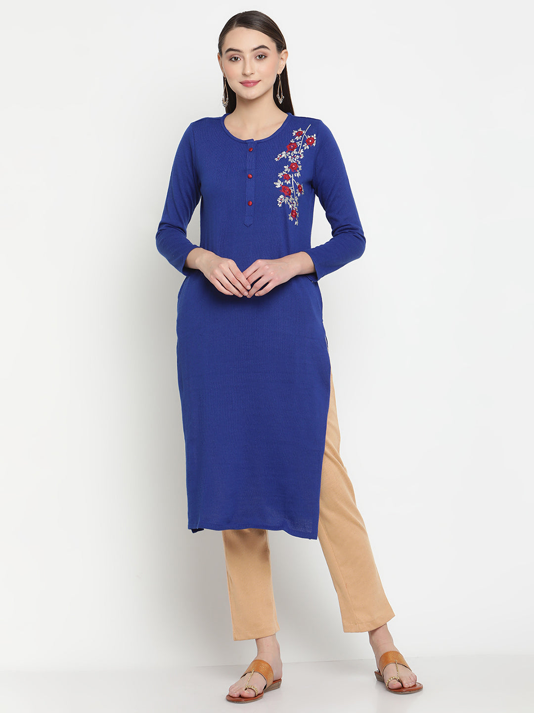 BeIndi Knitted Women Winter Blue Embroidered Kurta